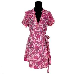 NWOT KERRY CASSILL Dress S Wrap Pink Blue Floral Bow Short-Sleeve Cotton Knee